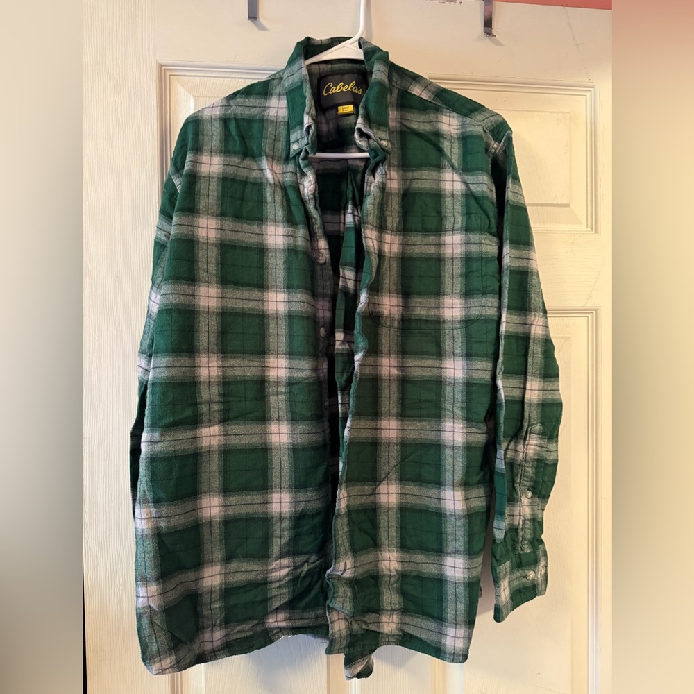 Cabela's Green and White Flannel Button Down Shirt
